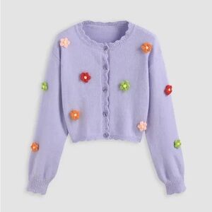 Lavender Floral Appliqué Cropped Cardigan Sweater